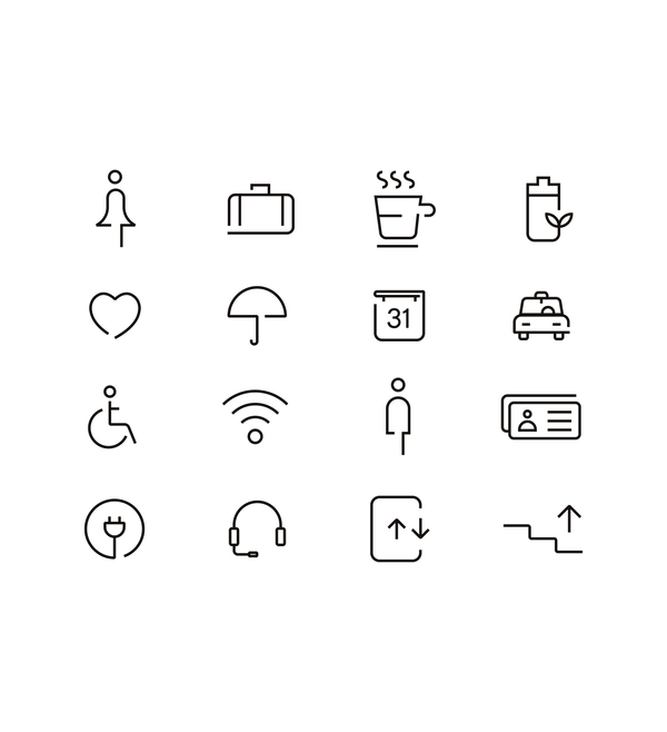 A set of sixteen simple, outlined icons arranged in a grid. The icons represent various objects and concepts, including a person, briefcase, hot beverage cup, battery, heart, umbrella, calendar with the number 31, taxi cab, accessibility symbol, Wi-Fi signal, detailed person, ID card, electric plug, headphones, recycling arrows, and upload/download arrows.
